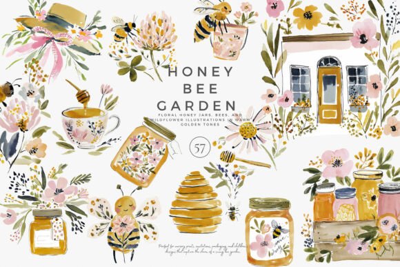 Download Charming Honey Bee Garden Clipart Set - Honey Collection
