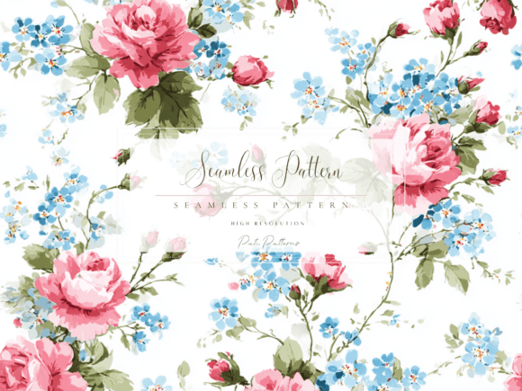 Download Vintage Pink Roses and Blue Forget-Me-Not Seamless Floral Pattern PNG - Premium Bundle